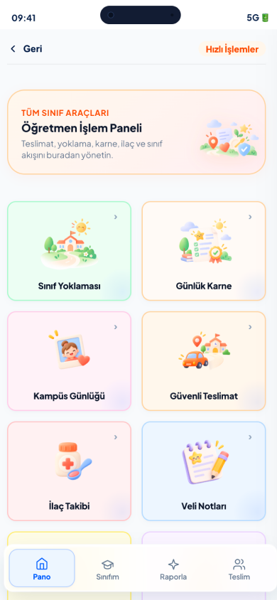 Öğretmen işlem panelinde yoklama, günlük karne, okul günlüğü, teslim, ilaç takibi ve veli notları.
