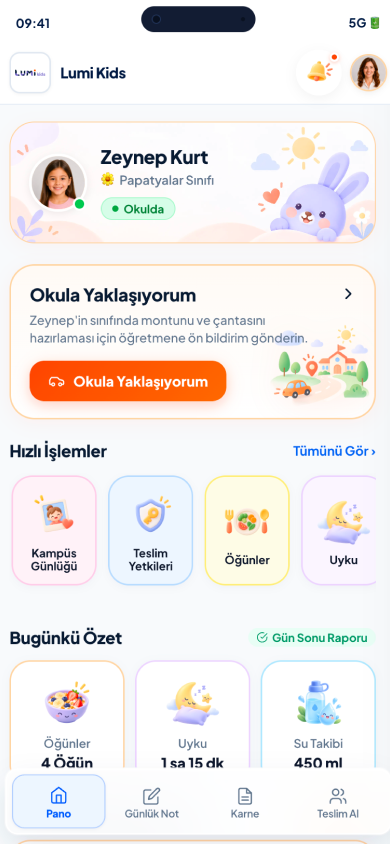Veli ana ekranında öğrencinin okul durumu, okula yaklaşma ve günlük özet.