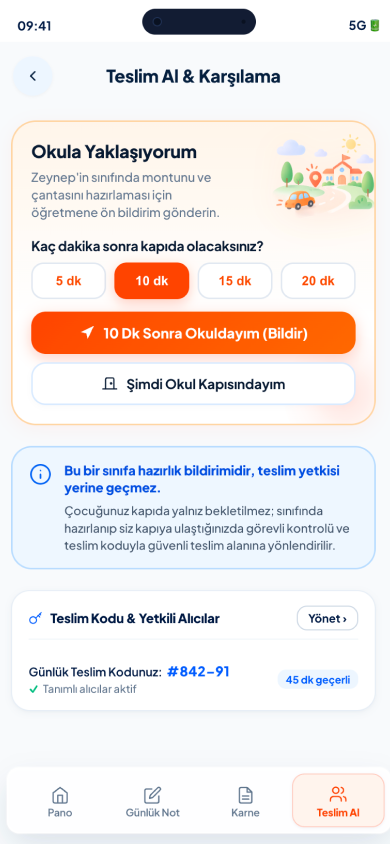Veli teslim ekranında okula yaklaşma bildirimi, teslim kodu ve yetkili alıcılar.